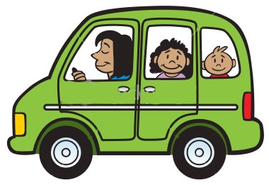 Green car with woman driving and kids in back